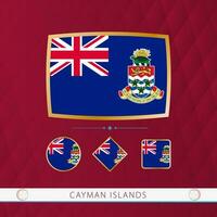 Set of Cayman Islands flags with gold frame for use at sporting events on a burgundy abstract background. vector