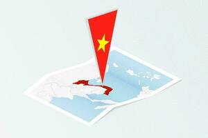 Isometric paper map of Vietnam with triangular flag of Vietnam in isometric style. Map on topographic background. vector