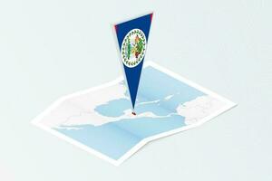 Isometric paper map of Belize with triangular flag of Belize in isometric style. Map on topographic background. vector