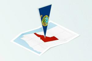 Isometric paper map of Idaho with triangular flag of Idaho in isometric style. Map on topographic background. vector