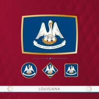 Set of Louisiana flags with gold frame for use at sporting events on a burgundy abstract background. vector