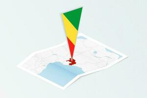 Isometric paper map of Congo with triangular flag of Congo in isometric style. Map on topographic background. vector