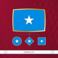 Set of Somalia flags with gold frame for use at sporting events on a burgundy abstract background. vector