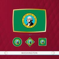 Set of Washington flags with gold frame for use at sporting events on a burgundy abstract background. vector