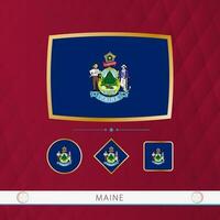 Set of Maine flags with gold frame for use at sporting events on a burgundy abstract background. vector