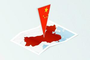 Isometric paper map of China with triangular flag of China in isometric style. Map on topographic background. vector