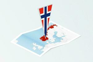 Isometric paper map of Norway with triangular flag of Norway in isometric style. Map on topographic background. vector