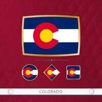 Set of Colorado flags with gold frame for use at sporting events on a burgundy abstract background. vector