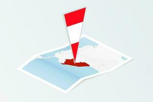 Isometric paper map of Peru with triangular flag of Peru in isometric style. Map on topographic background. vector