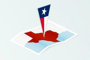 Isometric paper map of Texas with triangular flag of Texas in isometric style. Map on topographic background. vector