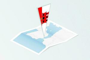 Isometric paper map of Gibraltar with triangular flag of Gibraltar in isometric style. Map on topographic background. vector