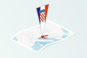 Isometric paper map of Croatia with triangular flag of Croatia in isometric style. Map on topographic background. vector