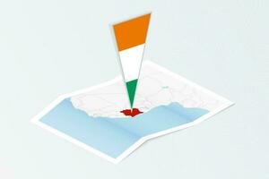 Isometric paper map of Ivory Coast with triangular flag of Ivory Coast in isometric style. Map on topographic background. vector