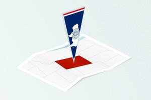 Isometric paper map of Wyoming with triangular flag of Wyoming in isometric style. Map on topographic background. vector