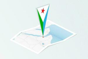 Isometric paper map of Djibouti with triangular flag of Djibouti in isometric style. Map on topographic background. vector