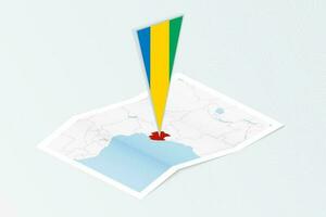 Isometric paper map of Gabon with triangular flag of Gabon in isometric style. Map on topographic background. vector