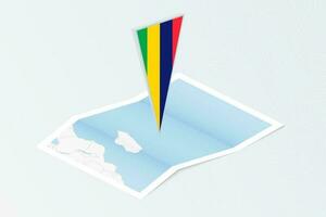 Isometric paper map of Mauritius with triangular flag of Mauritius in isometric style. Map on topographic background. vector