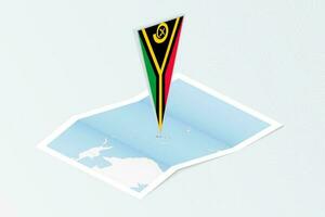 Isometric paper map of Vanuatu with triangular flag of Vanuatu in isometric style. Map on topographic background. vector