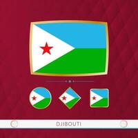 Set of Djibouti flags with gold frame for use at sporting events on a burgundy abstract background. vector
