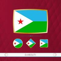 Set of Djibouti flags with gold frame for use at sporting events on a burgundy abstract background. vector