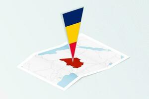 Isometric paper map of Chad with triangular flag of Chad in isometric style. Map on topographic background. vector