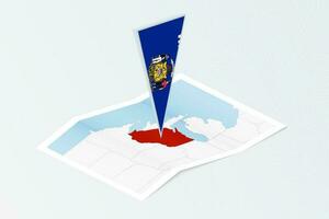 Isometric paper map of Wisconsin with triangular flag of Wisconsin in isometric style. Map on topographic background. vector