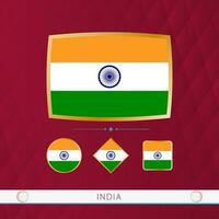 Set of India flags with gold frame for use at sporting events on a burgundy abstract background. vector