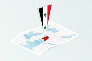 Isometric paper map of Syria with triangular flag of Syria in isometric style. Map on topographic background. vector