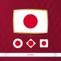 Set of Japan flags with gold frame for use at sporting events on a burgundy abstract background. vector