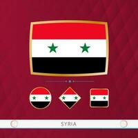 Set of Syria flags with gold frame for use at sporting events on a burgundy abstract background. vector