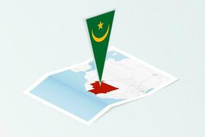 Isometric paper map of Mauritania with triangular flag of Mauritania in isometric style. Map on topographic background. vector