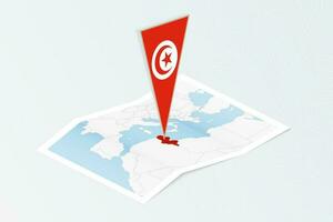 Isometric paper map of Tunisia with triangular flag of Tunisia in isometric style. Map on topographic background. vector