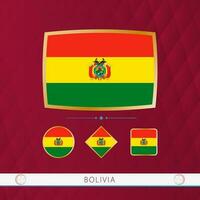 Set of Bolivia flags with gold frame for use at sporting events on a burgundy abstract background. vector