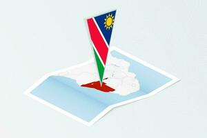 Isometric paper map of Namibia with triangular flag of Namibia in isometric style. Map on topographic background. vector