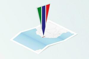 isométrica papel mapa de Gambia con triangular bandera de Gambia en isométrica estilo. mapa en topográfico antecedentes. vector