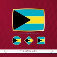 Set of The Bahamas flags with gold frame for use at sporting events on a burgundy abstract background. vector