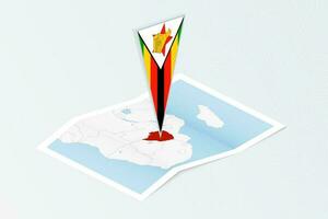 Isometric paper map of Zimbabwe with triangular flag of Zimbabwe in isometric style. Map on topographic background. vector