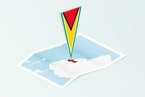 Isometric paper map of Guyana with triangular flag of Guyana in isometric style. Map on topographic background. vector