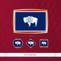 Set of Wyoming flags with gold frame for use at sporting events on a burgundy abstract background. vector
