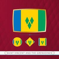 Set of Saint Vincent and the Grenadines flags with gold frame for use at sporting events on a burgundy abstract background. vector