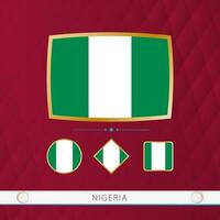 Set of Nigeria flags with gold frame for use at sporting events on a burgundy abstract background. vector