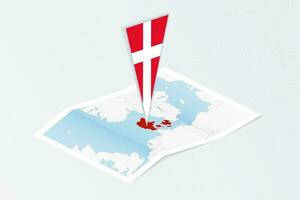 Isometric paper map of Denmark with triangular flag of Denmark in isometric style. Map on topographic background. vector