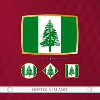 Set of Norfolk Island flags with gold frame for use at sporting events on a burgundy abstract background. vector