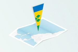 Isometric paper map of Saint Vincent and the Grenadines with triangular flag of Saint Vincent and the Grenadines in isometric style. Map on topographic background. vector