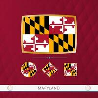 Set of Maryland flags with gold frame for use at sporting events on a burgundy abstract background. vector