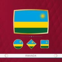 Set of Rwanda flags with gold frame for use at sporting events on a burgundy abstract background. vector