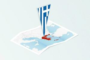 Isometric paper map of Greece with triangular flag of Greece in isometric style. Map on topographic background. vector