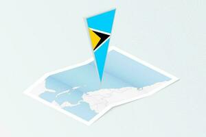 Isometric paper map of Saint Lucia with triangular flag of Saint Lucia in isometric style. Map on topographic background. vector