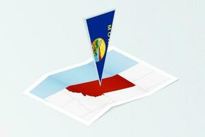 Isometric paper map of Montana with triangular flag of Montana in isometric style. Map on topographic background. vector