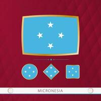 Set of Micronesia flags with gold frame for use at sporting events on a burgundy abstract background. vector